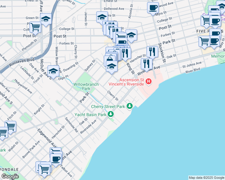 map of restaurants, bars, coffee shops, grocery stores, and more near 2818 Oak Street in Jacksonville