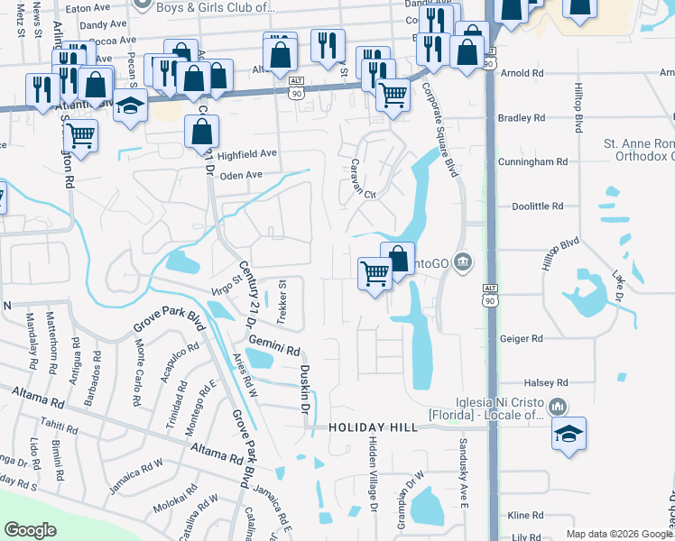 map of restaurants, bars, coffee shops, grocery stores, and more near 8810 Corporate Square Ct in Jacksonville