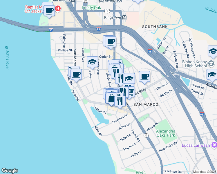 map of restaurants, bars, coffee shops, grocery stores, and more near 1840 Naldo Avenue in Jacksonville