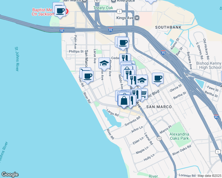 map of restaurants, bars, coffee shops, grocery stores, and more near 1222 Landon Avenue in Jacksonville