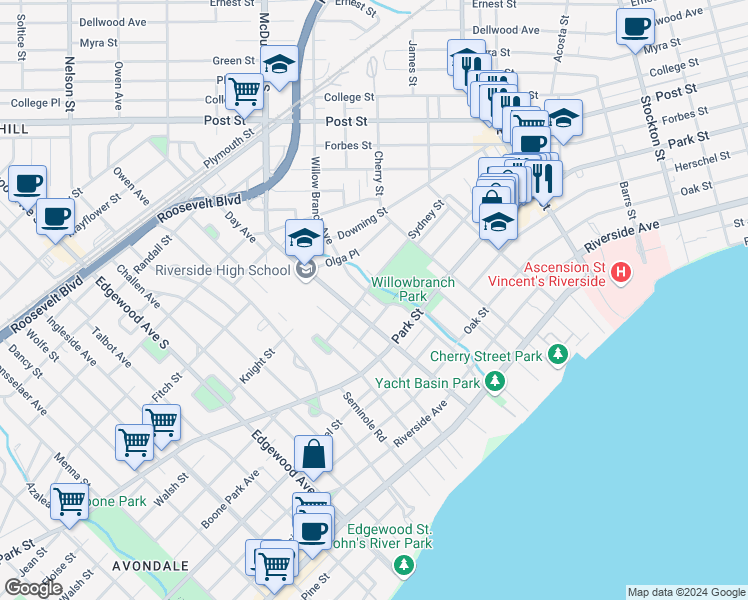 map of restaurants, bars, coffee shops, grocery stores, and more near 1321 McDuff Avenue South in Jacksonville