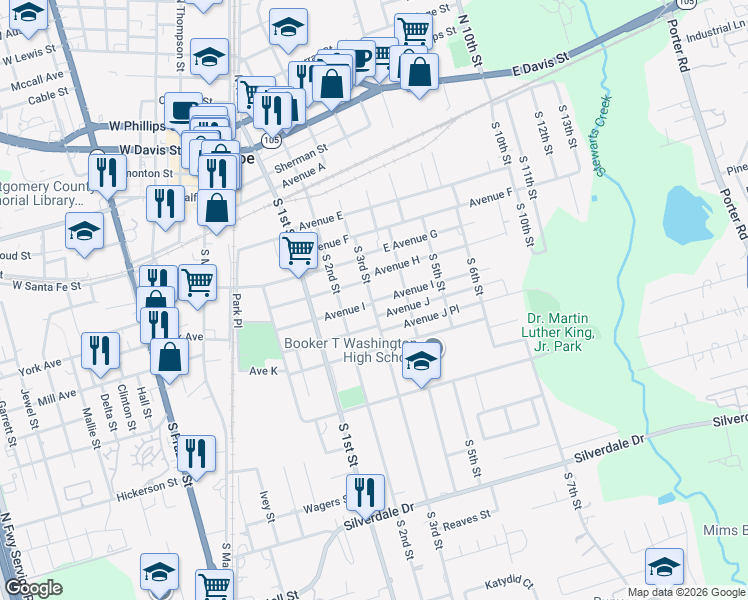 map of restaurants, bars, coffee shops, grocery stores, and more near 500 Avenue J in Conroe