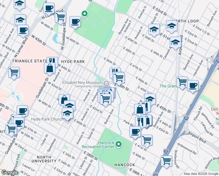map of restaurants, bars, coffee shops, grocery stores, and more near 4312 Avenue H in Austin