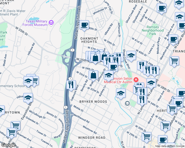 map of restaurants, bars, coffee shops, grocery stores, and more near 3303 Bryker Drive in Austin