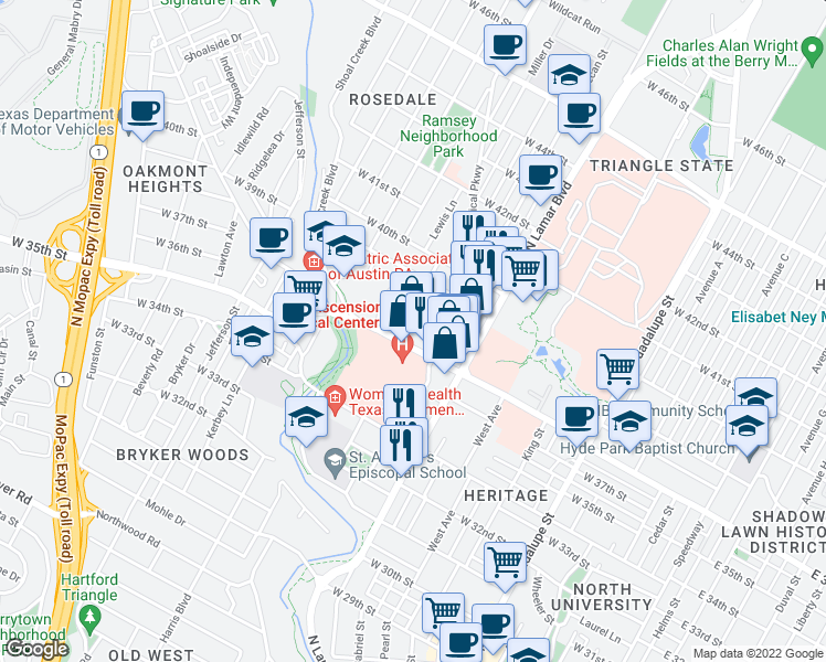 map of restaurants, bars, coffee shops, grocery stores, and more near 1206 West 38th Street in Austin