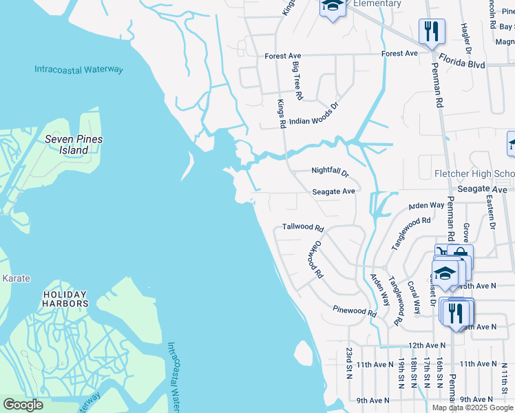 map of restaurants, bars, coffee shops, grocery stores, and more near 2008 Waterway Island Lane in Jacksonville Beach
