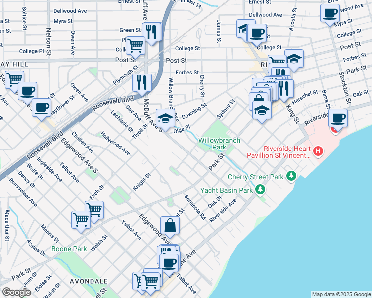 map of restaurants, bars, coffee shops, grocery stores, and more near 1265 McDuff Avenue South in Jacksonville