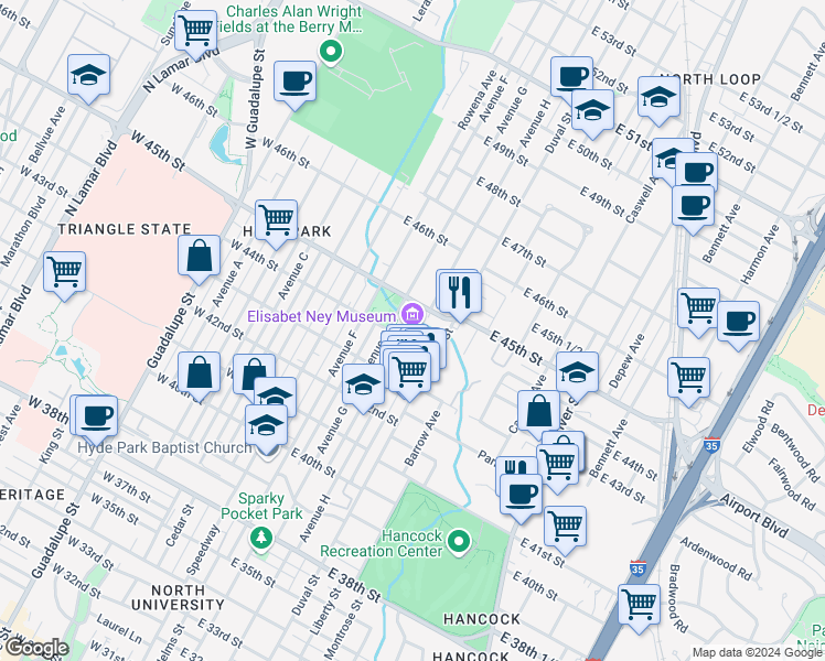 map of restaurants, bars, coffee shops, grocery stores, and more near 304 East 44th Street in Austin
