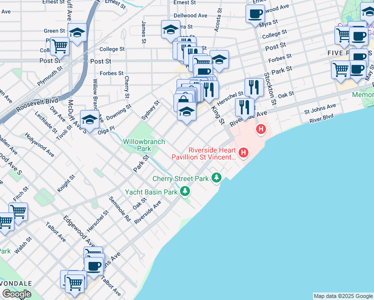 map of restaurants, bars, coffee shops, grocery stores, and more near 2820 Oak Street in Jacksonville