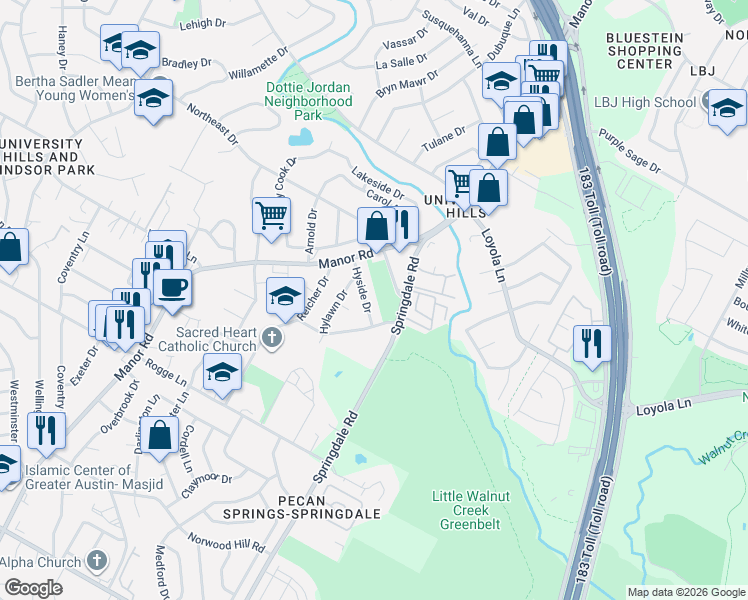 map of restaurants, bars, coffee shops, grocery stores, and more near 6101 Hyside Drive in Austin