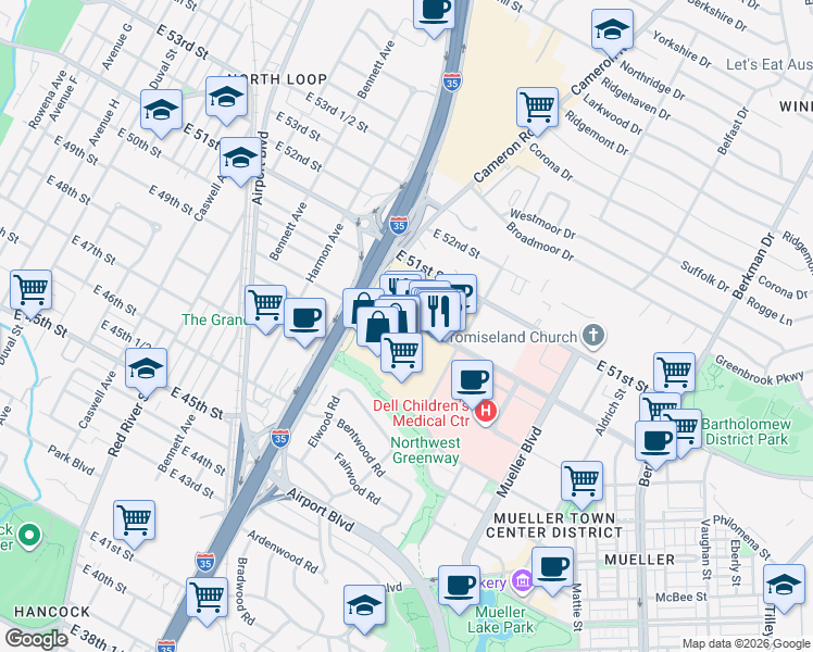 map of restaurants, bars, coffee shops, grocery stores, and more near 1201 Barbara Jordan Boulevard in Austin