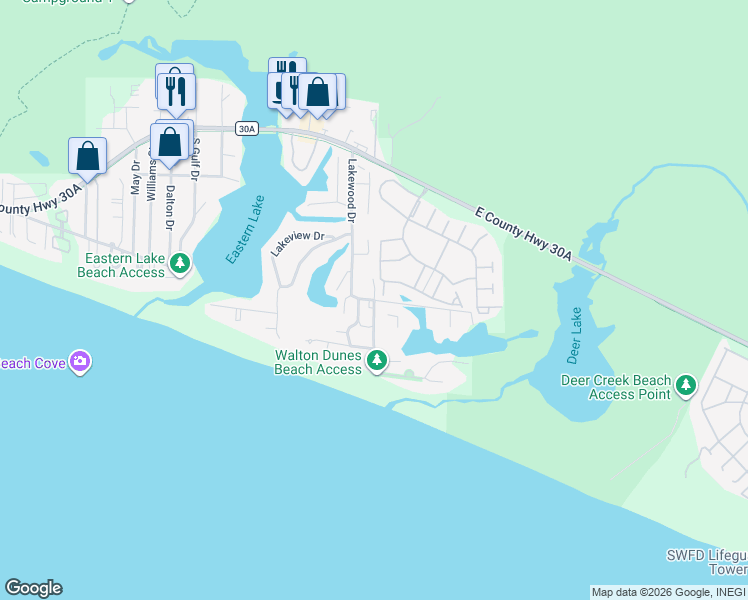 map of restaurants, bars, coffee shops, grocery stores, and more near 695 Lakewood Drive in Santa Rosa Beach