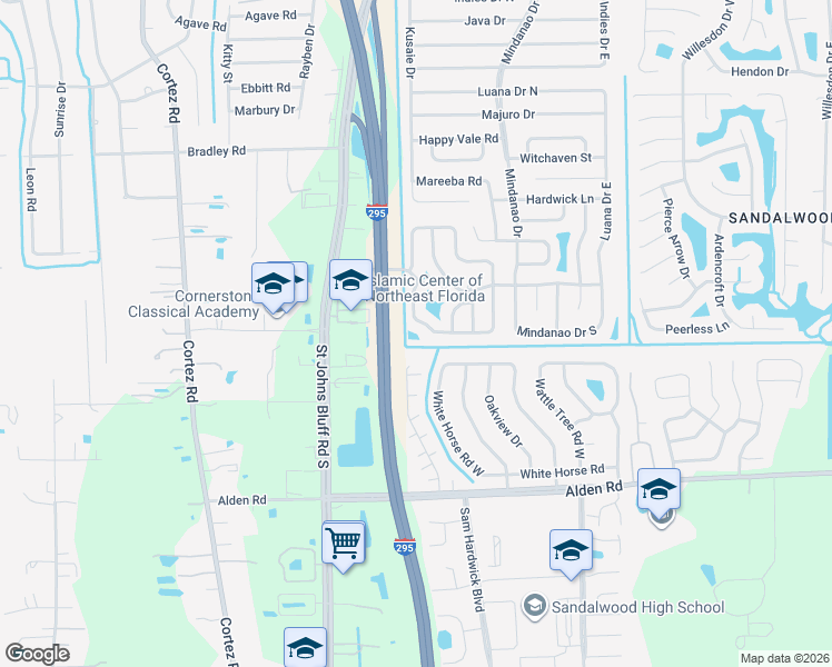 map of restaurants, bars, coffee shops, grocery stores, and more near 2411 Whispering Woods Boulevard in Jacksonville