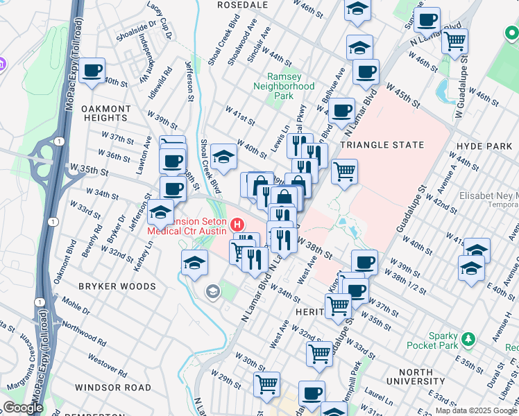 map of restaurants, bars, coffee shops, grocery stores, and more near 1106 West 38th Street in Austin