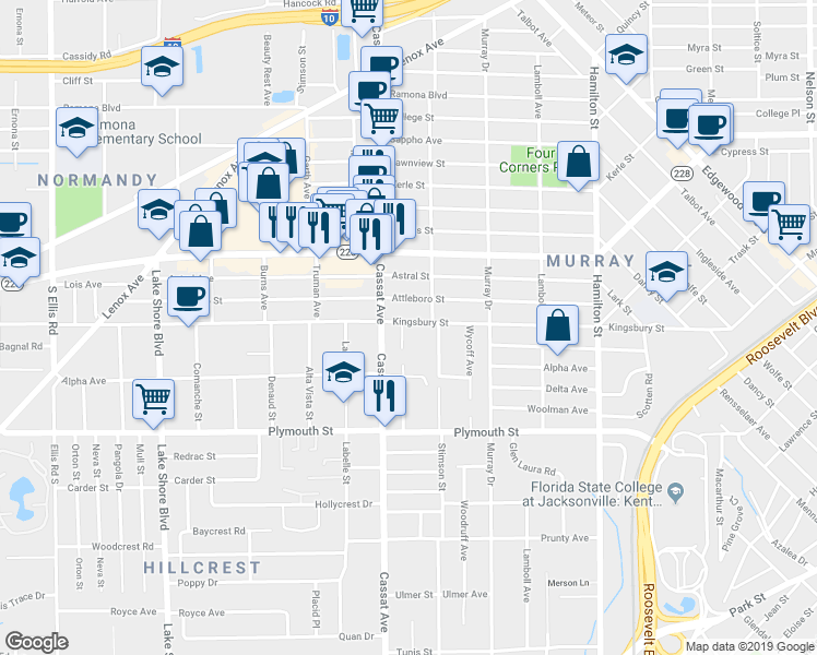 map of restaurants, bars, coffee shops, grocery stores, and more near 4836 Kingsbury Street in Jacksonville