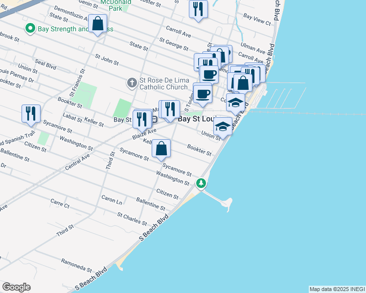 map of restaurants, bars, coffee shops, grocery stores, and more near 131 Keller Street in Bay St. Louis
