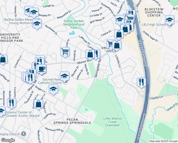 map of restaurants, bars, coffee shops, grocery stores, and more near 6205 Hyside Drive in Austin