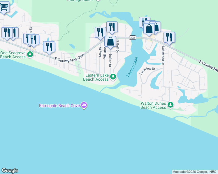 map of restaurants, bars, coffee shops, grocery stores, and more near 517 Eastern Lake Rd in Walton