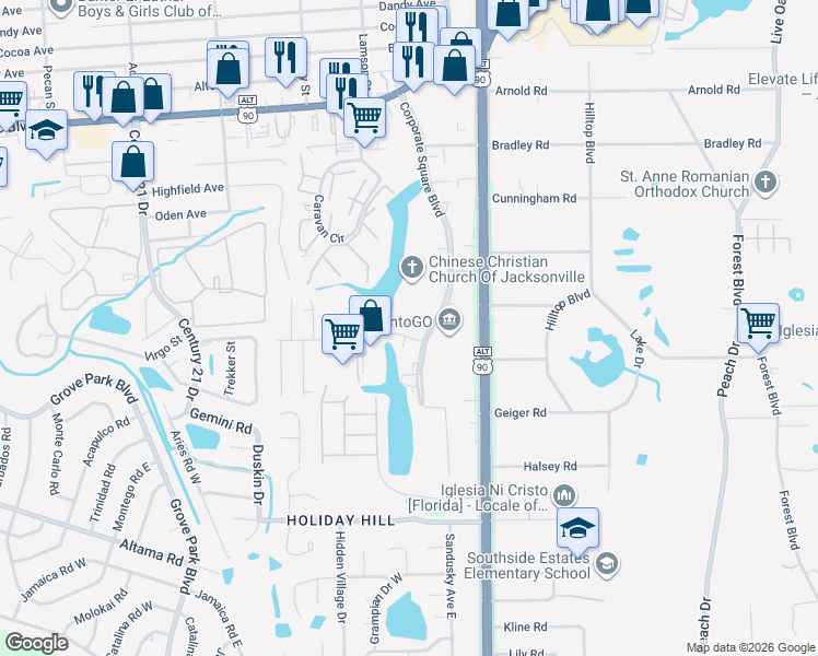 map of restaurants, bars, coffee shops, grocery stores, and more near 2147-2181 Corporate Square Blvd in Jacksonville
