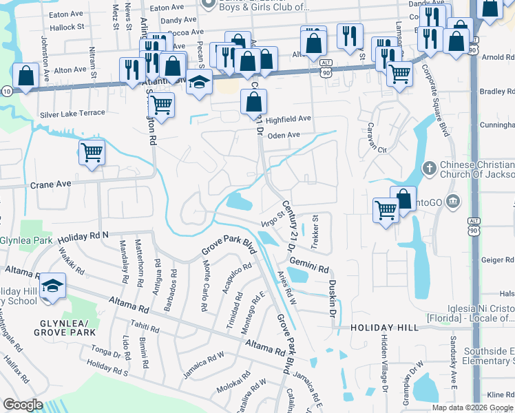 map of restaurants, bars, coffee shops, grocery stores, and more near 8053 Virgo Street in Jacksonville