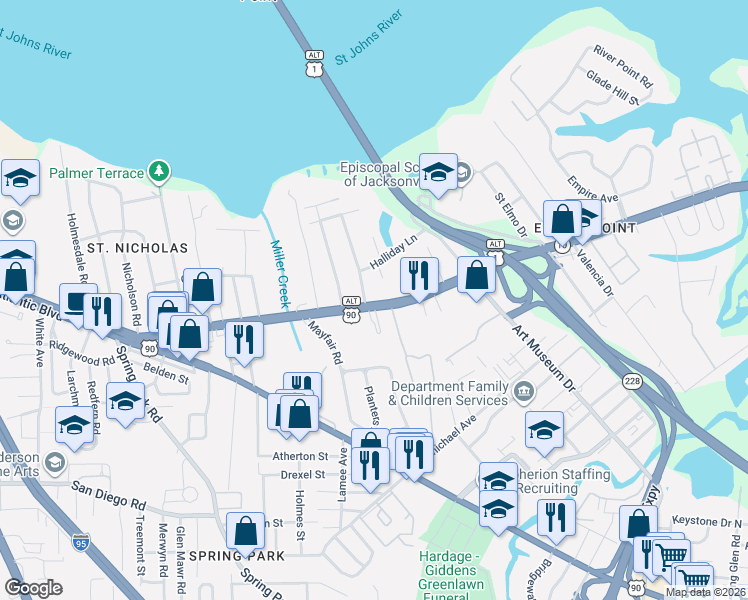 map of restaurants, bars, coffee shops, grocery stores, and more near 3886 Atlantic Boulevard in Jacksonville
