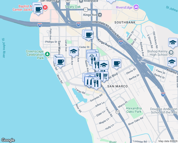 map of restaurants, bars, coffee shops, grocery stores, and more near 1840 Naldo Avenue in Jacksonville