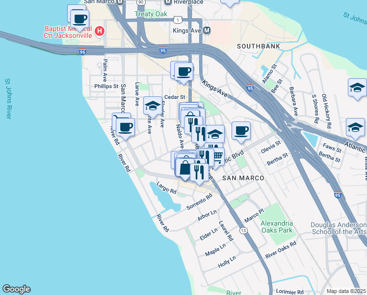 map of restaurants, bars, coffee shops, grocery stores, and more near 1840 Naldo Avenue in Jacksonville