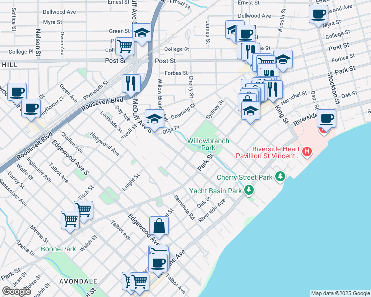 map of restaurants, bars, coffee shops, grocery stores, and more near 1321 McDuff Avenue South in Jacksonville