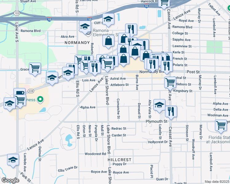 map of restaurants, bars, coffee shops, grocery stores, and more near 1122 Comanche Street in Jacksonville