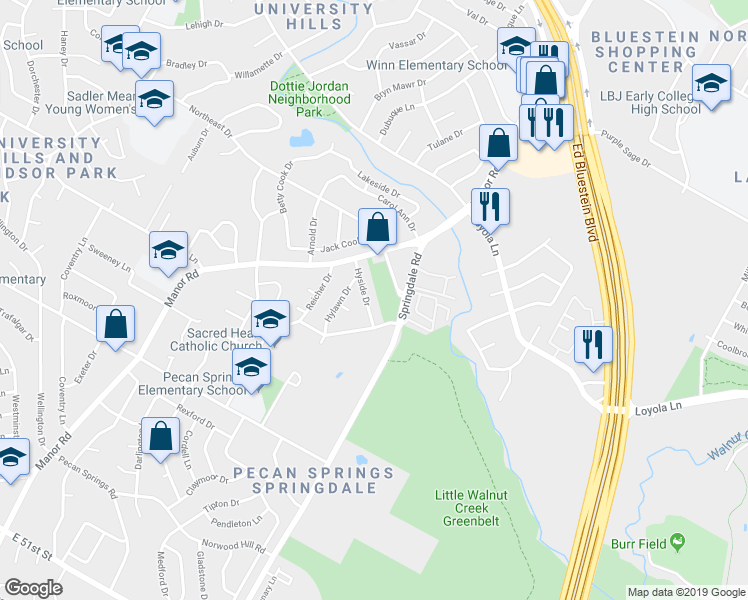 map of restaurants, bars, coffee shops, grocery stores, and more near 6101 Hyside Drive in Austin