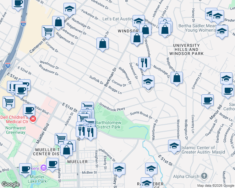 map of restaurants, bars, coffee shops, grocery stores, and more near 1807 Westmoor Drive in Austin