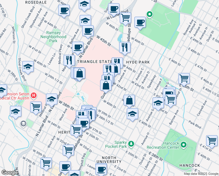 map of restaurants, bars, coffee shops, grocery stores, and more near 511 West 41st Street in Austin