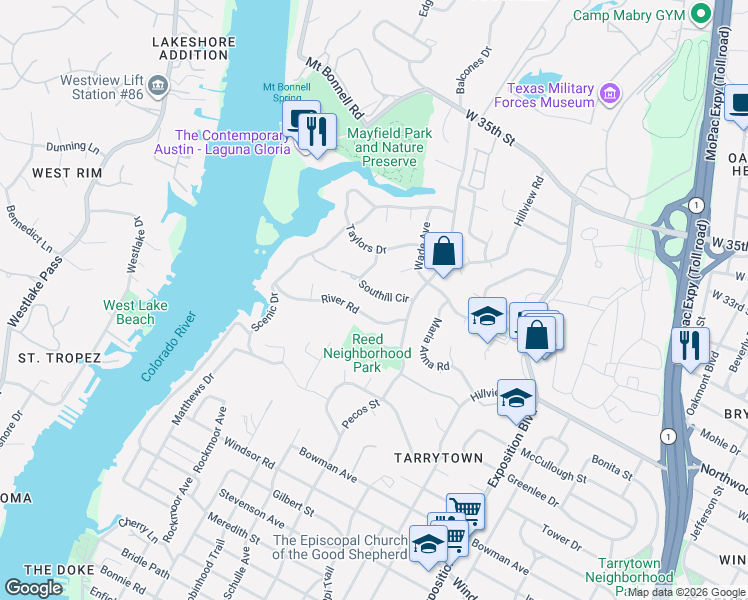 map of restaurants, bars, coffee shops, grocery stores, and more near 3311 River Rd in Austin