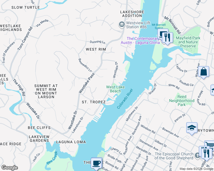map of restaurants, bars, coffee shops, grocery stores, and more near 2404 Westlake Drive in Austin