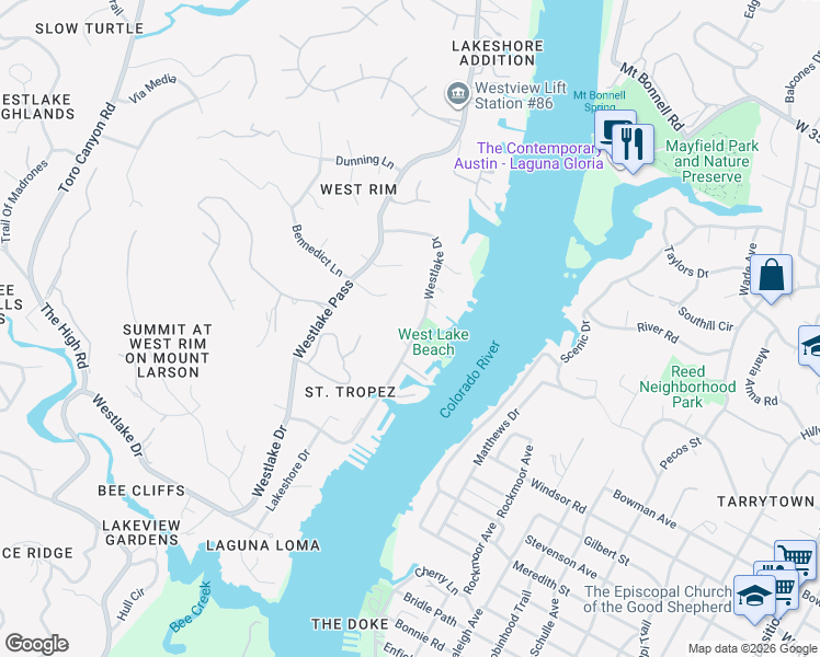 map of restaurants, bars, coffee shops, grocery stores, and more near 2507 Westlake Drive in Austin