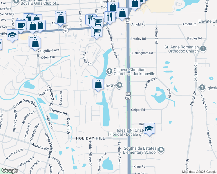 map of restaurants, bars, coffee shops, grocery stores, and more near 2147-2181 Corporate Square Blvd in Jacksonville