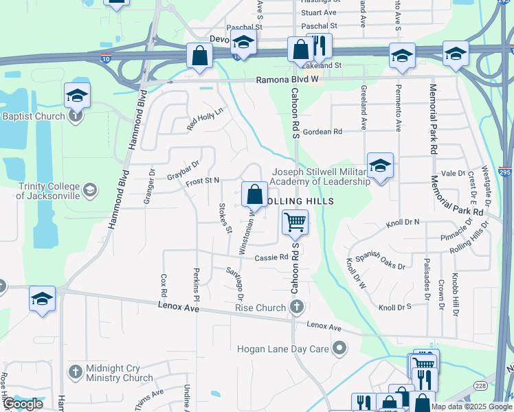 map of restaurants, bars, coffee shops, grocery stores, and more near 1025 Winstonian Way Street in Jacksonville