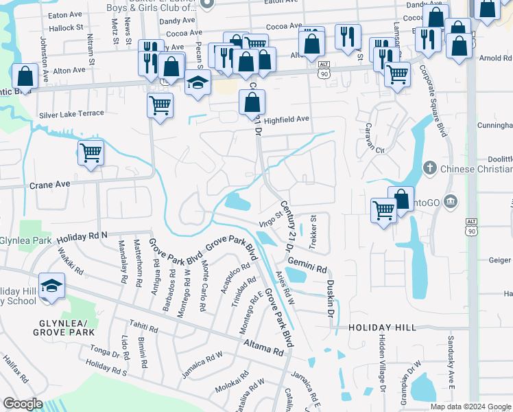 map of restaurants, bars, coffee shops, grocery stores, and more near 8053 Virgo Street in Jacksonville