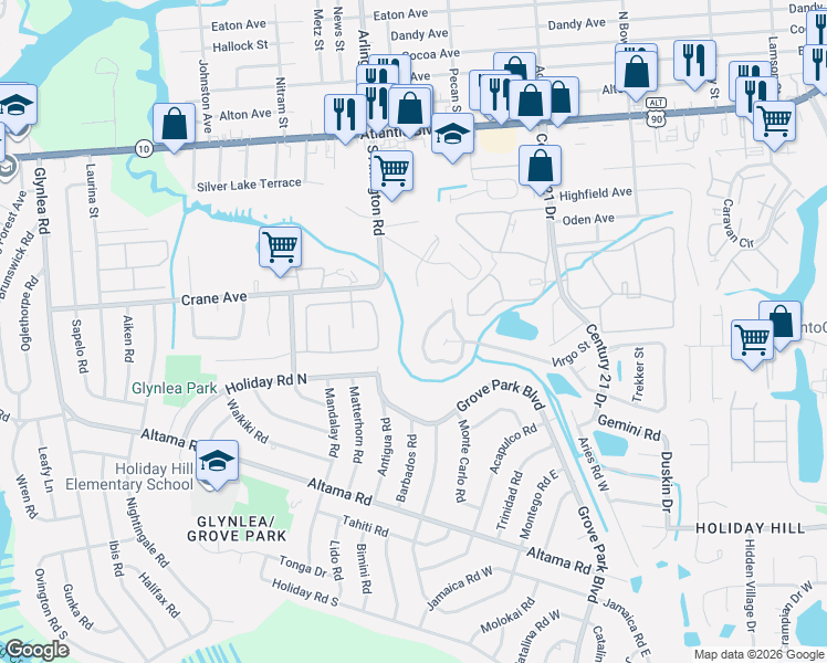 map of restaurants, bars, coffee shops, grocery stores, and more near 278 Aquarius Circle North in Jacksonville