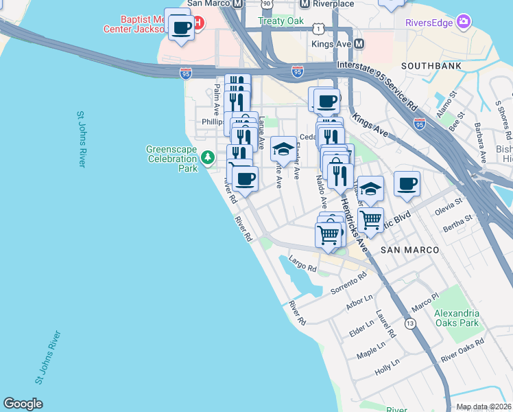 map of restaurants, bars, coffee shops, grocery stores, and more near 1727 San Marco Boulevard in Jacksonville