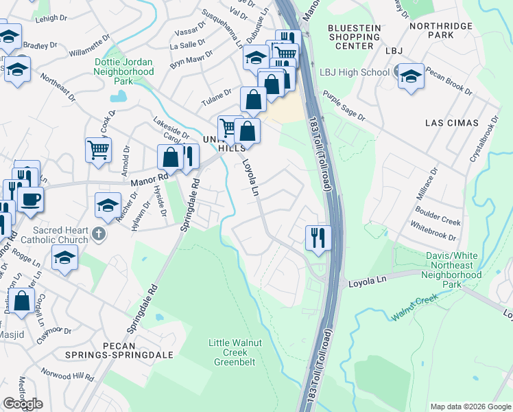 map of restaurants, bars, coffee shops, grocery stores, and more near 6604 Highpoint Drive in Austin