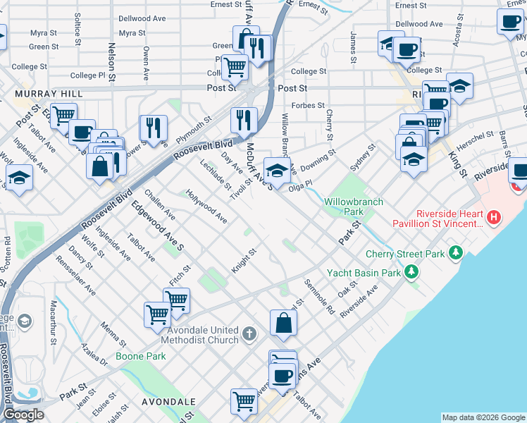 map of restaurants, bars, coffee shops, grocery stores, and more near 1200 McDuff Avenue South in Jacksonville