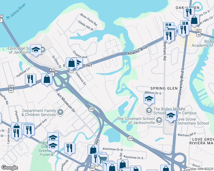 map of restaurants, bars, coffee shops, grocery stores, and more near 1722 Jork Road in Jacksonville