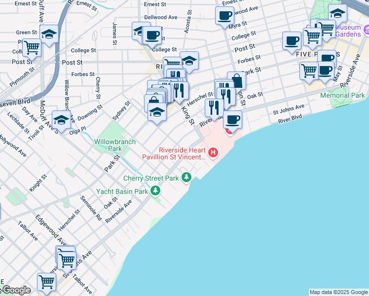 map of restaurants, bars, coffee shops, grocery stores, and more near 2730 Riverside Avenue in Jacksonville