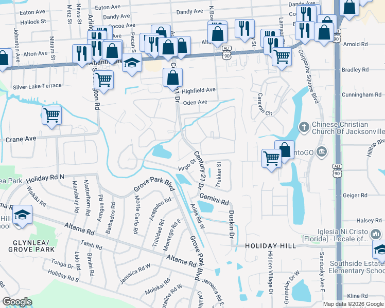 map of restaurants, bars, coffee shops, grocery stores, and more near 537 Eiseman Way in Jacksonville