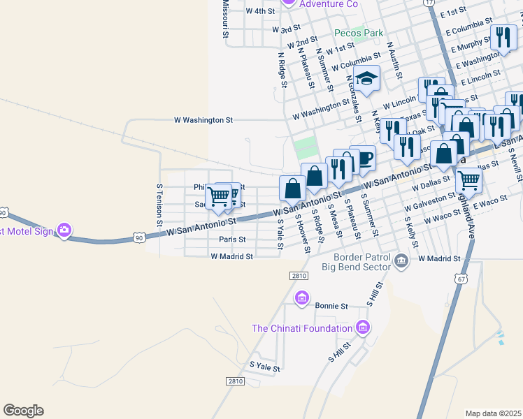 map of restaurants, bars, coffee shops, grocery stores, and more near South Alysford Street in Marfa