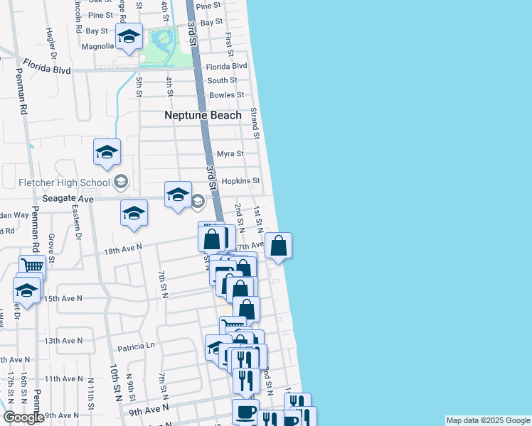 map of restaurants, bars, coffee shops, grocery stores, and more near in Neptune Beach