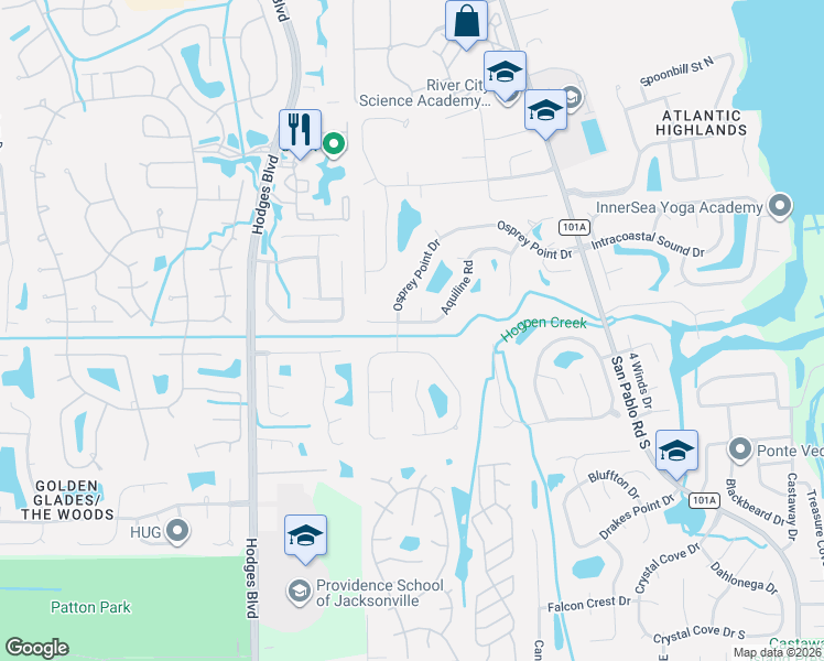 map of restaurants, bars, coffee shops, grocery stores, and more near 2188 Moonlight Court in Jacksonville