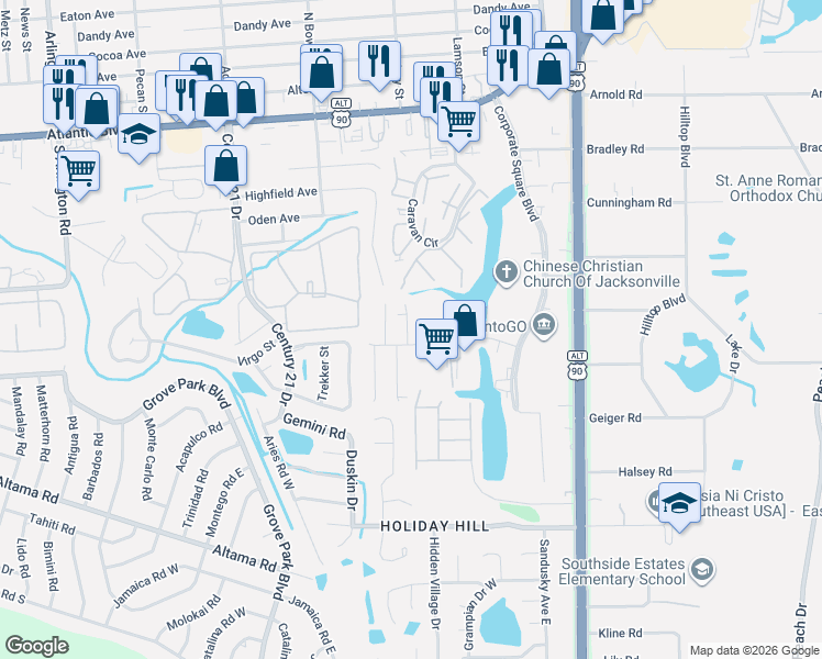 map of restaurants, bars, coffee shops, grocery stores, and more near in Jacksonville