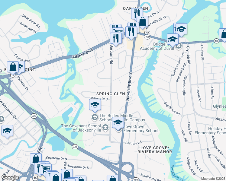 map of restaurants, bars, coffee shops, grocery stores, and more near 5627 Coquina Gates Street in Jacksonville
